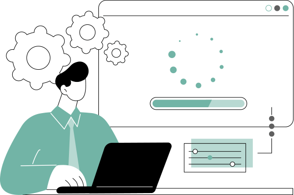 Person mit Laptop installiert Software